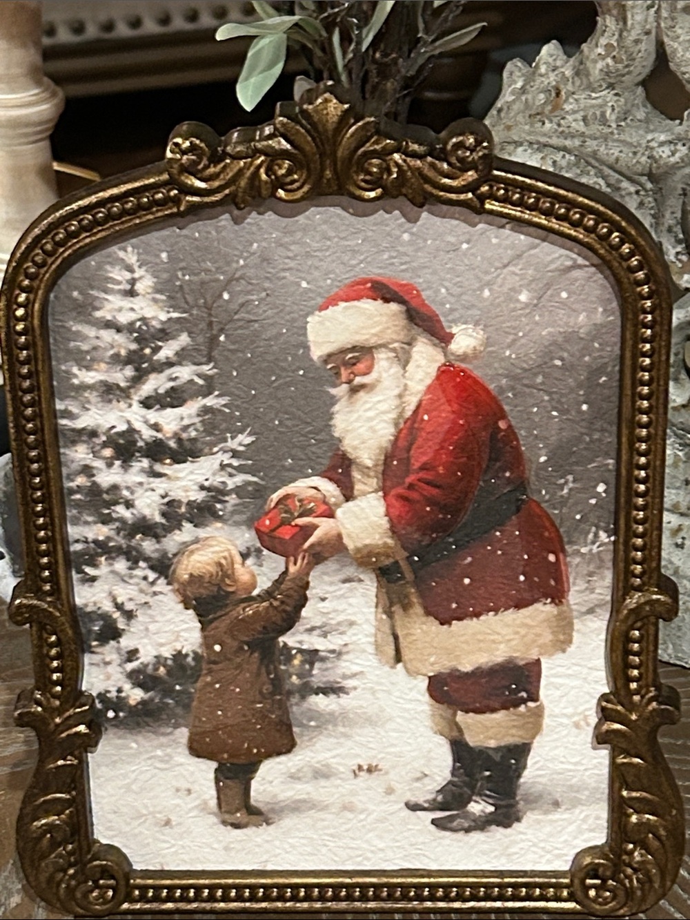 NEW! Vintage Inspired Classic Santa Gold Framed Framed Christmas Holiday Art